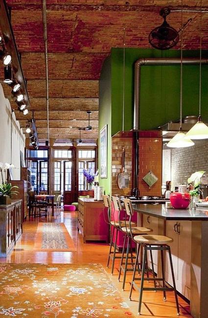 industrial style kitchen with brick walls