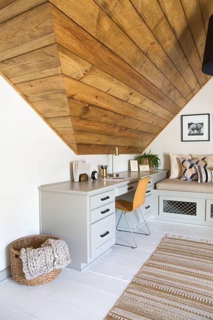 small kitchen with wood ceiling