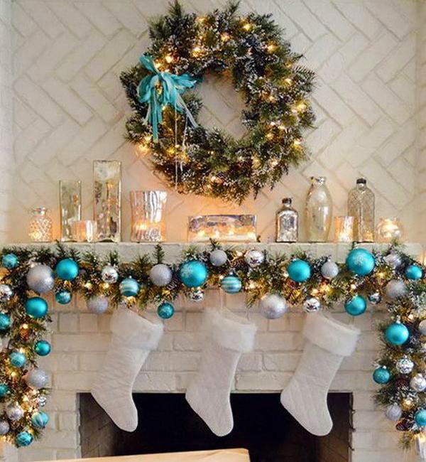 Traditional Christmas Garlands and Lights, Chic Fireplace ...