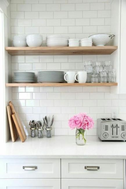 open wall shelves kitchen