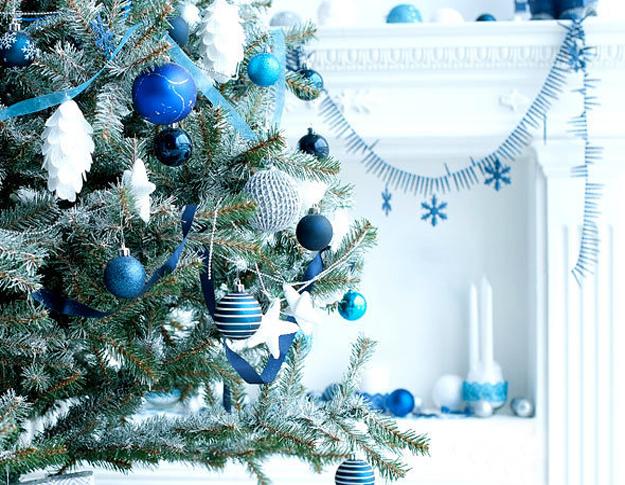 blue christmas balls on branches