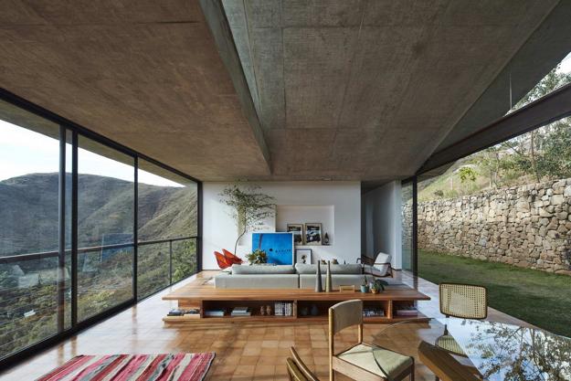 living room with glass walls