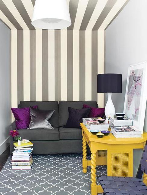 black and white room with yellow and purple accents