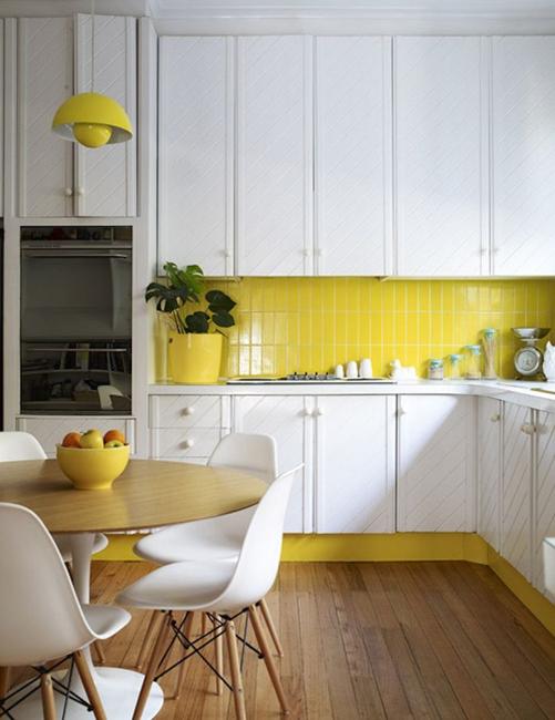 white kitchen yellow backsplash design