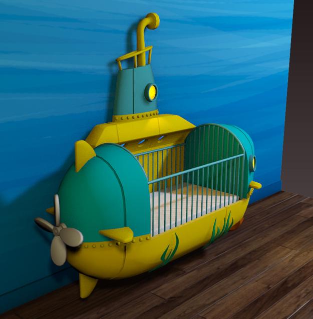 submarine crib painted yellow blue