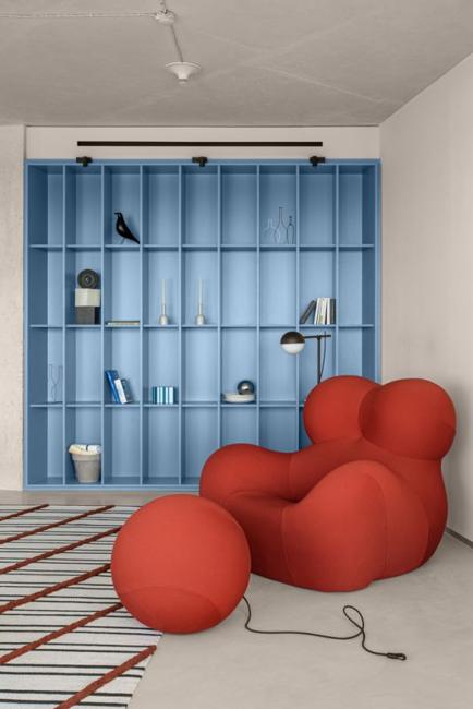 blue wall shelving unit