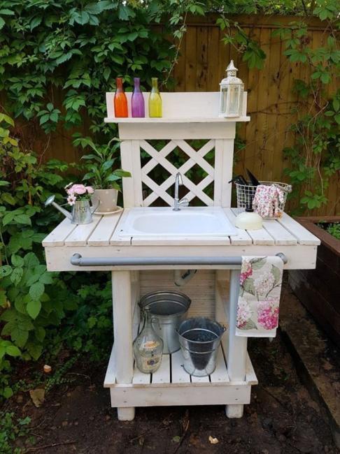 white wood bench garden sink