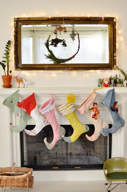 colorful stockings fireplace decorating