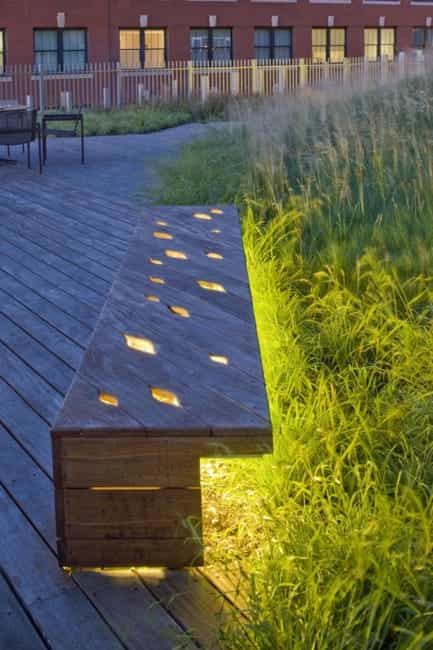 wooden bench built in lights