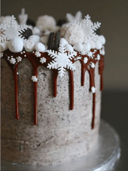 chocolate cake white snowflakes