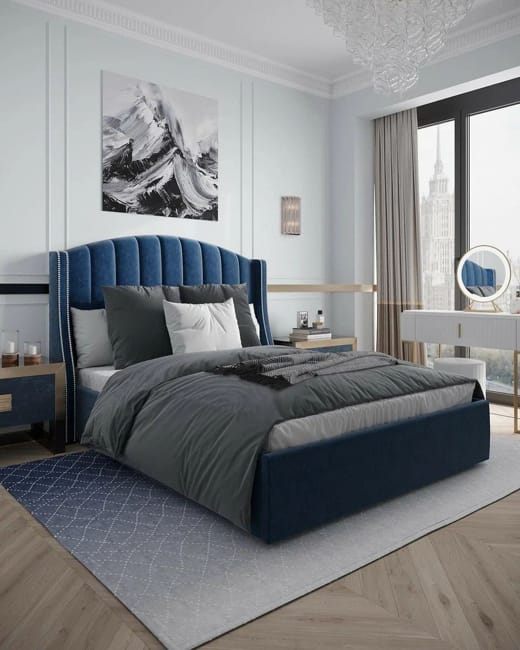 upholstered bed headboard blue