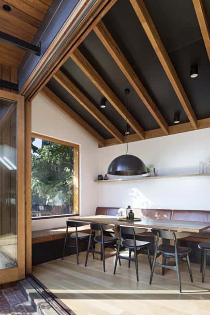 black ceiling wooden beams