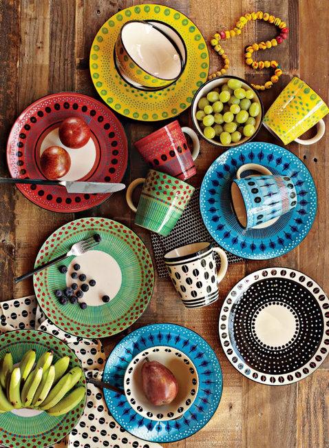colorful plates mugs