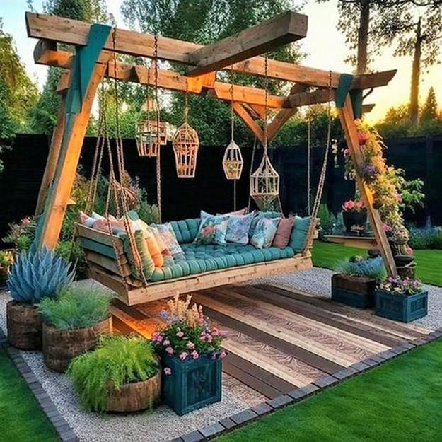 durable wooden frame hanging bench design