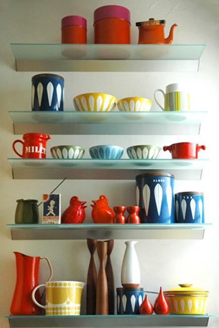 wall shelves colorful tableware