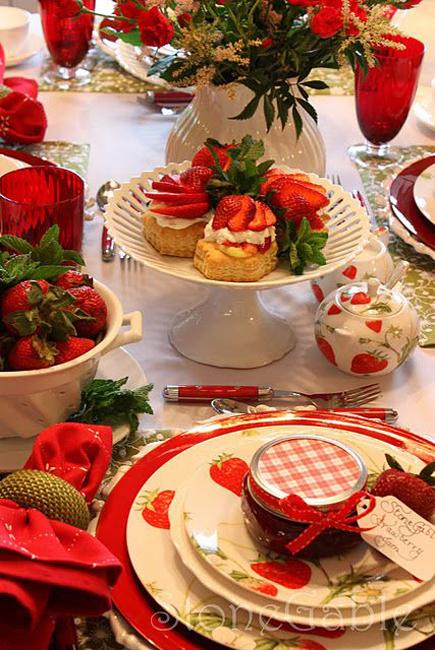 red white table setting strawberry accents