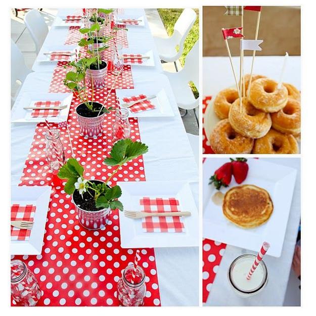 red white table setting strawberry accents