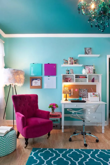 blue wall paint purple chair