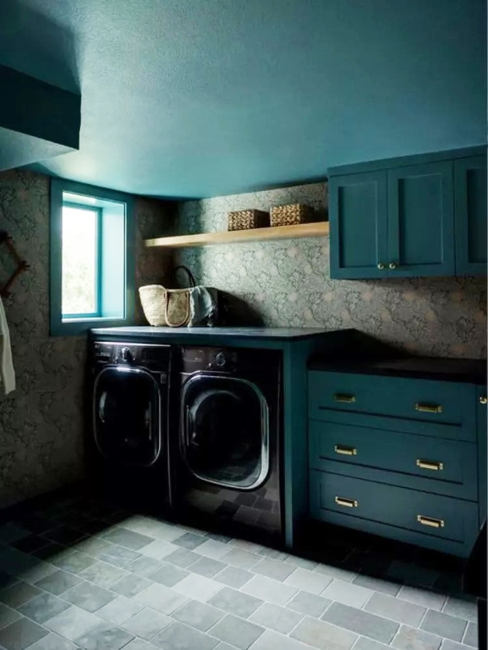 blue wall paint color stone floor tiles floral wallpaper