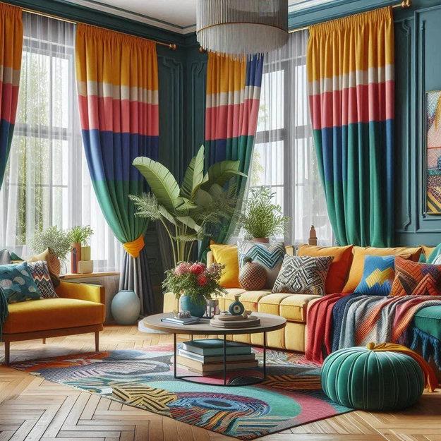colorful floor rug and curtains