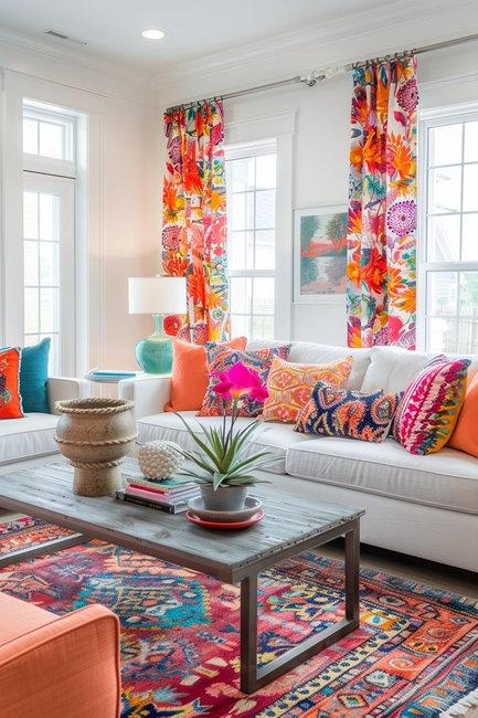 colorful floor rug and curtains