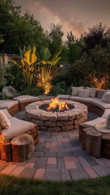 stone fire pit circular benches