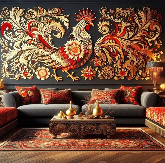 colorful wall decoration with russian patterns