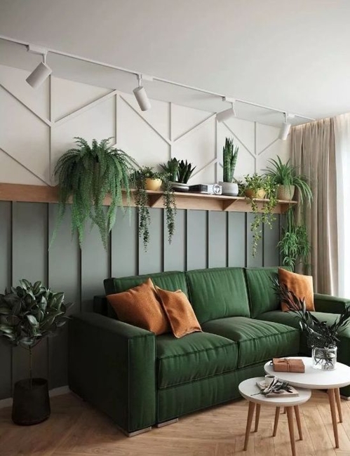green sofa wall decorating indoor plants