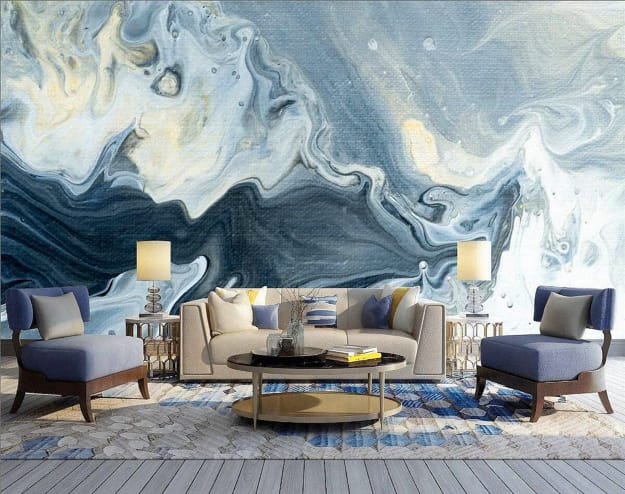 blue wallpaper living room furniture