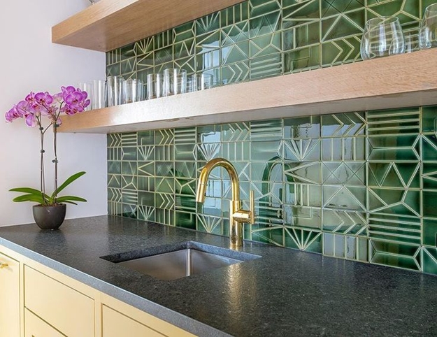 green glass tiles kitchen backsplash design