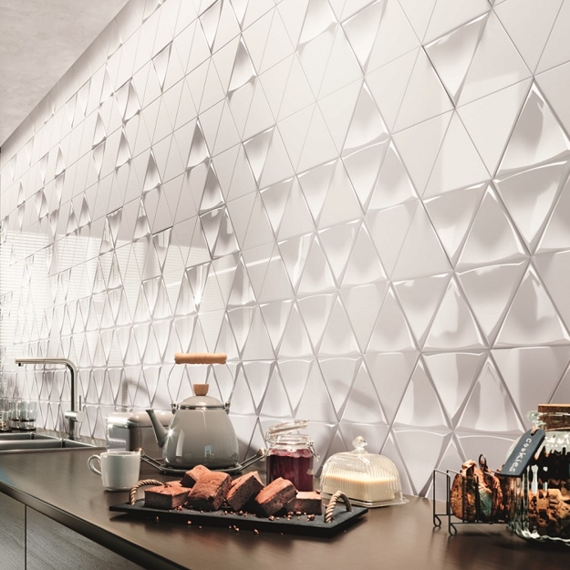 geometric triangular white glass tiles
