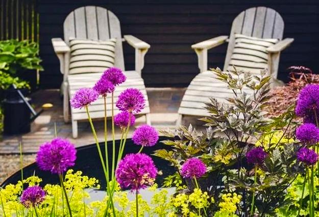 garden chairs flower bed