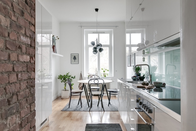 white kitchen dining area