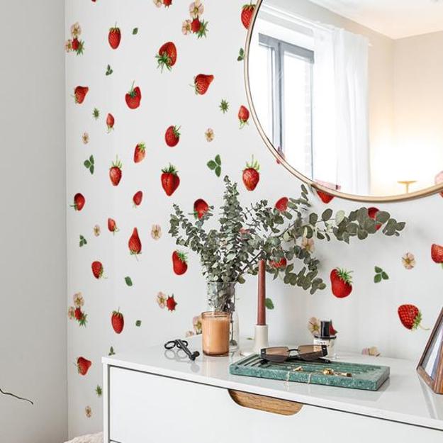 strawberries white and red wallpaper design
