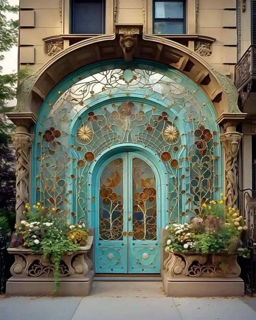 arched front door design stained glass floral patterns