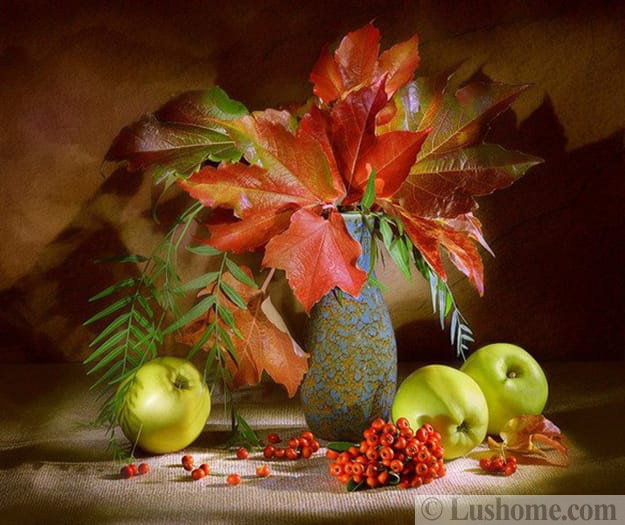 colorful fall leaves green apple centerpiece idea