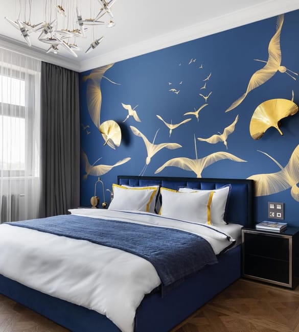 inspiring bedroom design metallic blue wallpaper