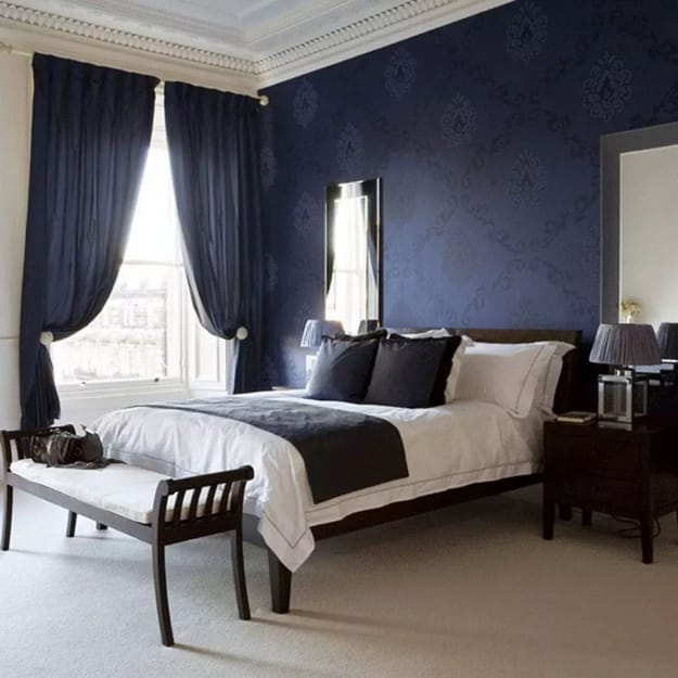 dark blue wallpaper white bedding set