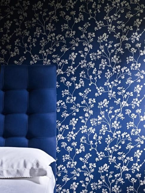 blue bedroom wallpaper white floral pattern
