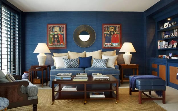 single tone blue wallpaper living room design