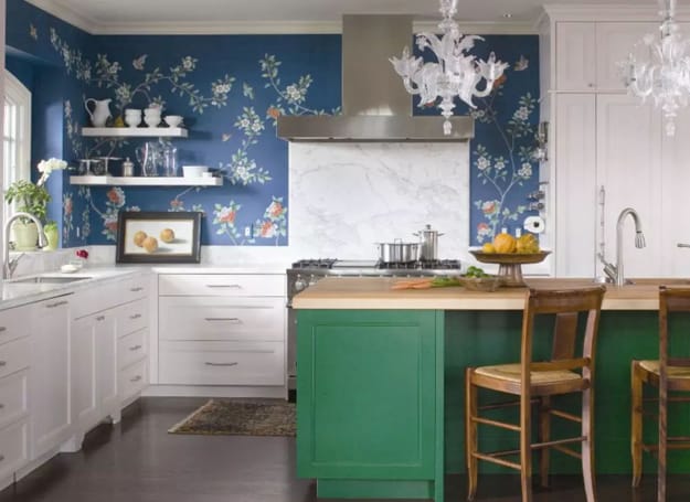green kitchen island blue wallpaper