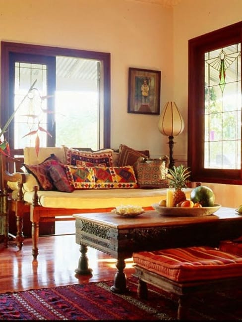 modern living room design wood furniture indian textiles