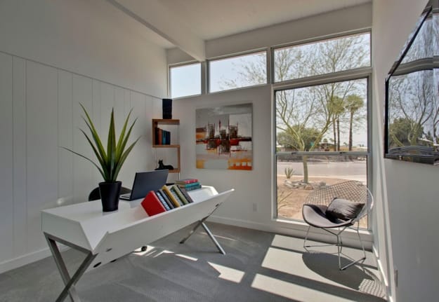 mid century style modern interiors architectural features, colors
