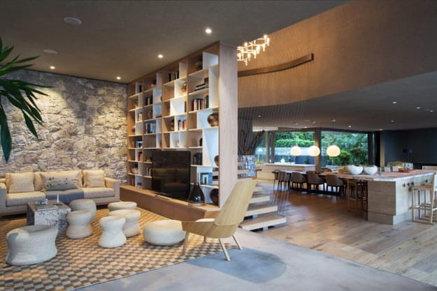 mid century style modern interiors architectural features, colors