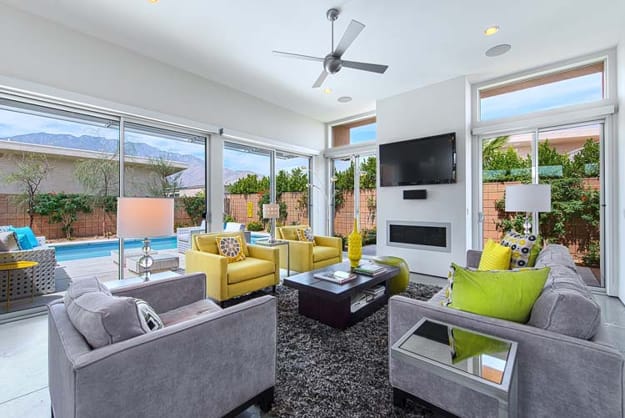 mid century style modern interiors architectural features, colors
