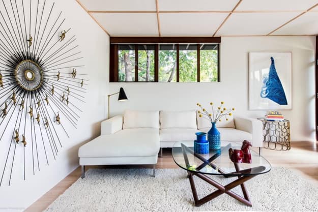 mid century style modern interiors architectural features, colors