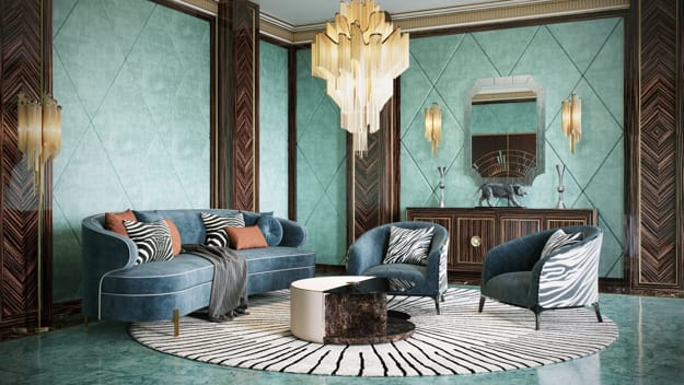 art deco home furnishings luxe textures contrasting interior colors