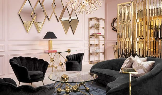 art deco home furnishings luxe textures contrasting interior colors
