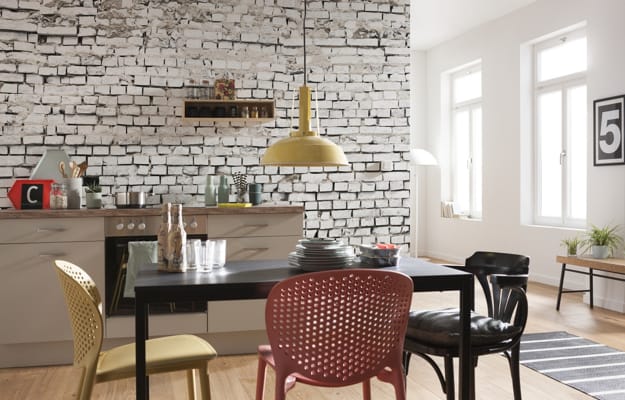 white painted effect brick wallpaper dining room decorating
