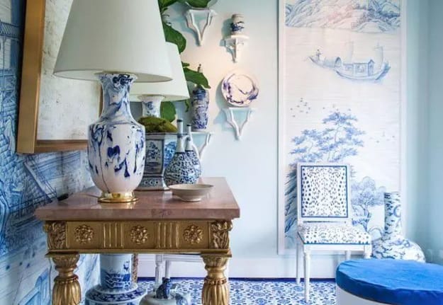 porcelain table lamp blue wallpaper